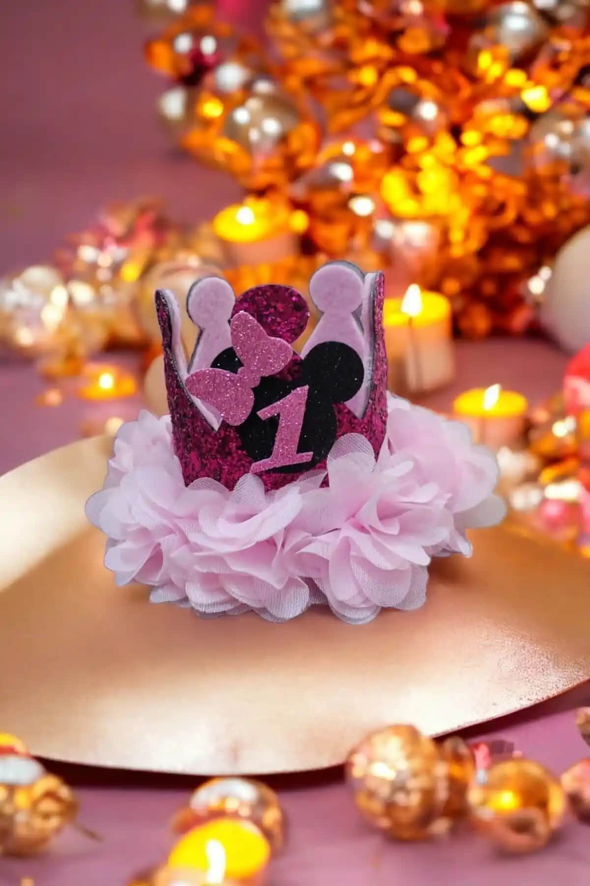 Damlakids Pembe Fuşya Detaylı 1 Yaş Doğum Günü Tacı Çocuklar İçin Şık ve Dayanıklı Tasarım