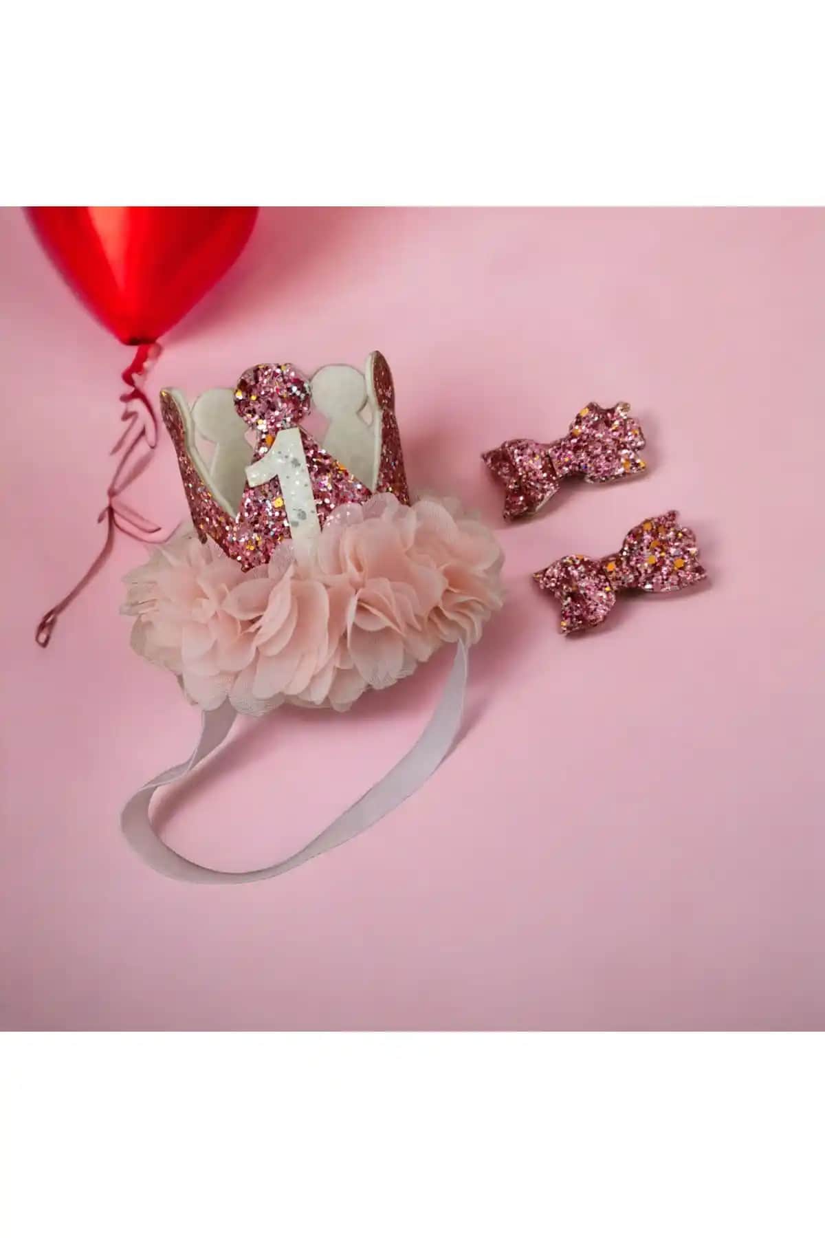 Damlakidsmoda 1 Yaş Doğum Günü Teması Pembe Taç ve Bandana Toka Seti