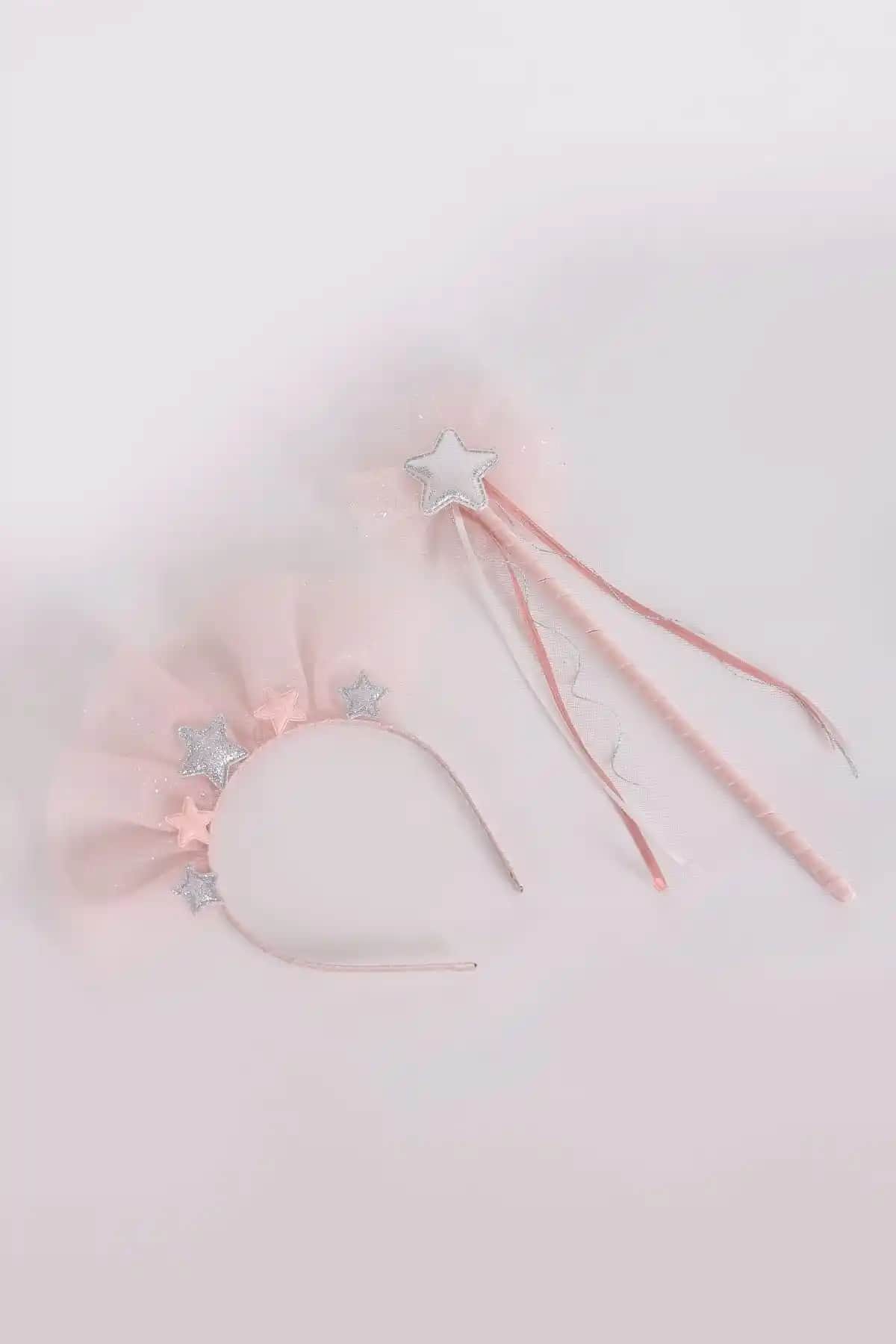 Minia Concept Kids Pembe Parıltılı Hologram Yıldız Detaylı Kız Çocuk Taç ve Asa Seti