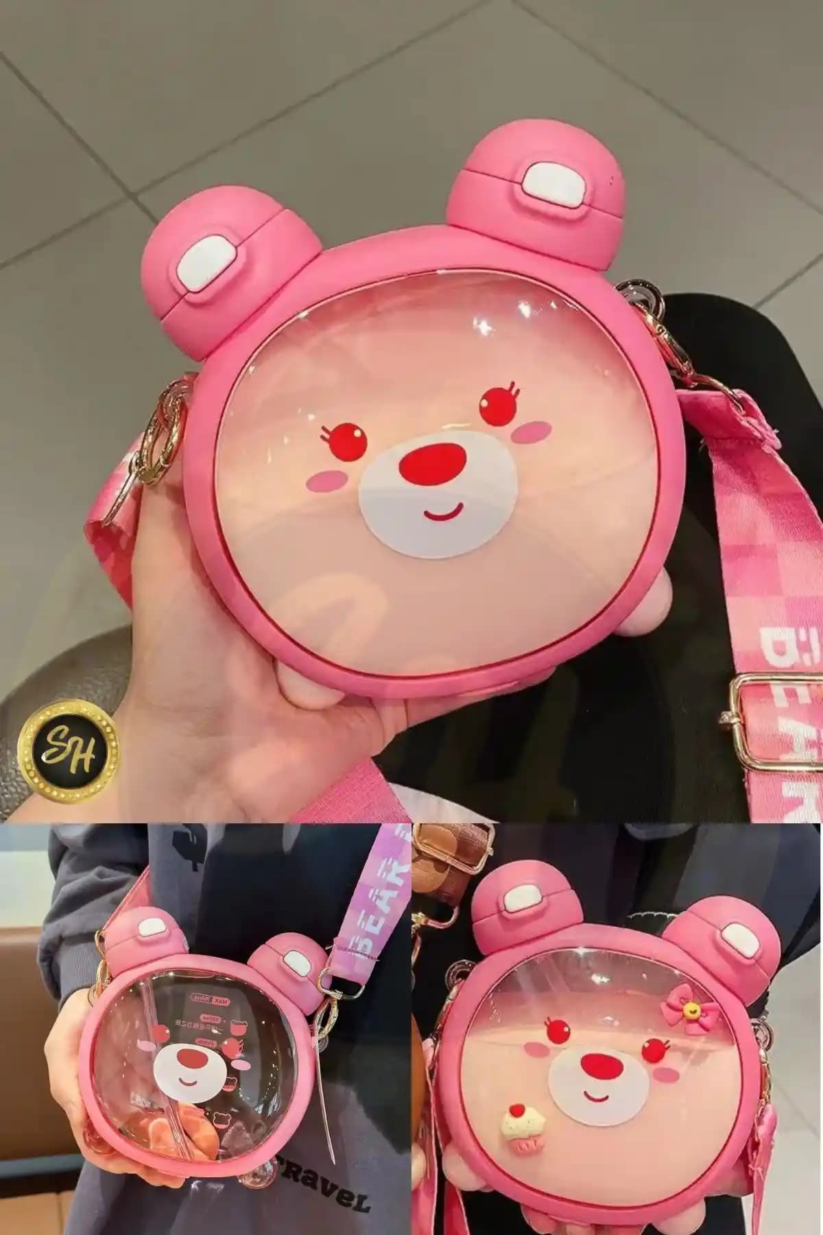 Snow Homs 2 Çıkışlı Ayıcık Model Çocuk Su Matarası 1 Litre Pembe Tasarım
